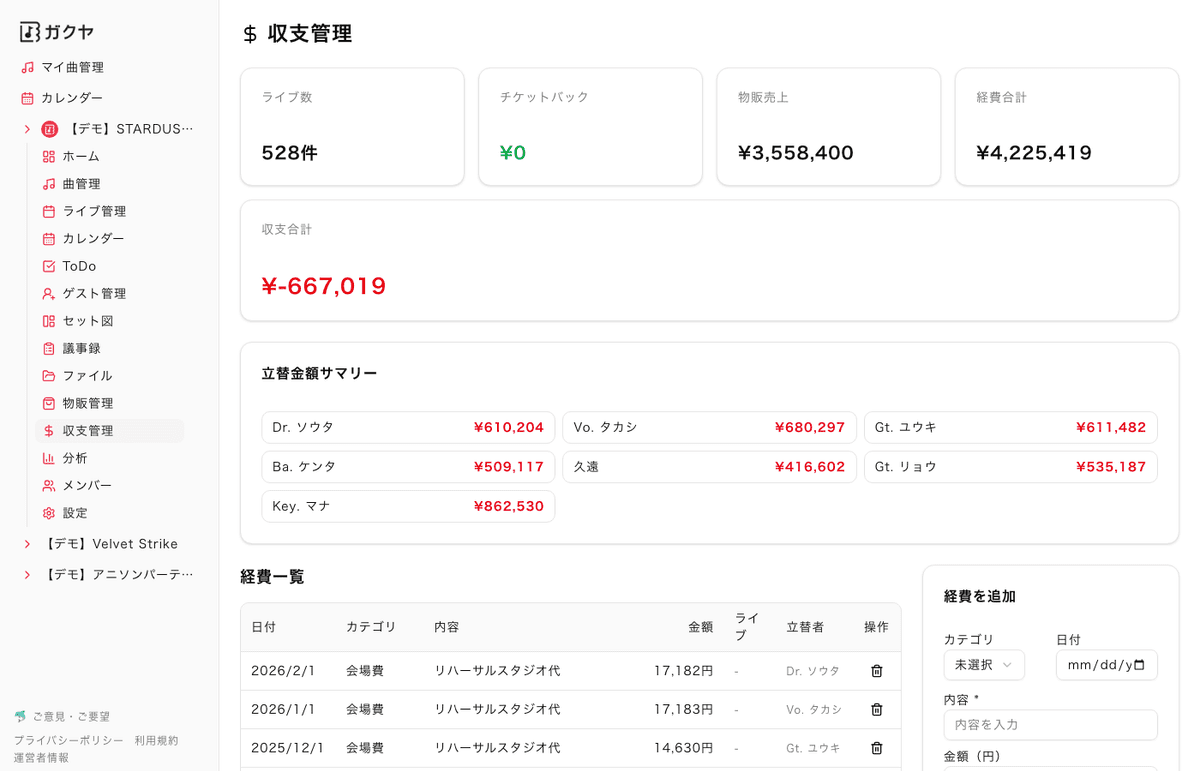 収支管理画面